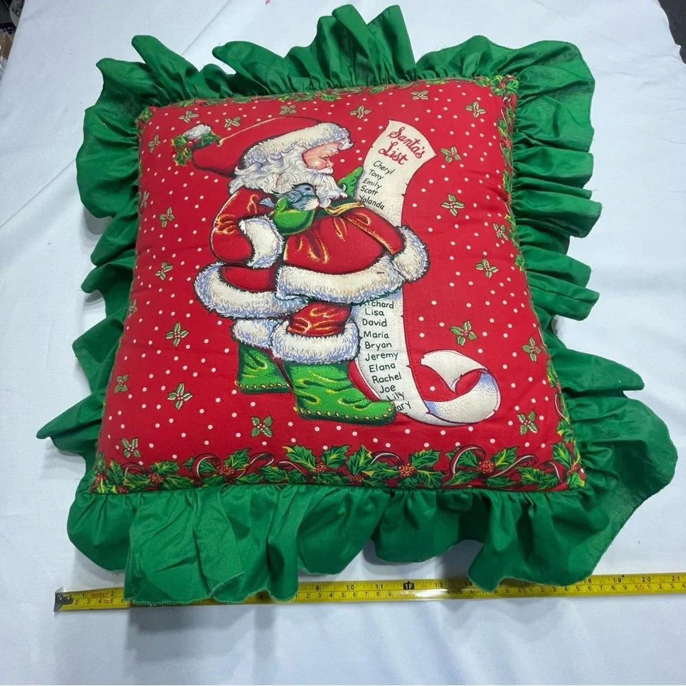 Festive Santa Claus Holiday Pillow with Green Ruffle. Vintage. Handmade. Used.